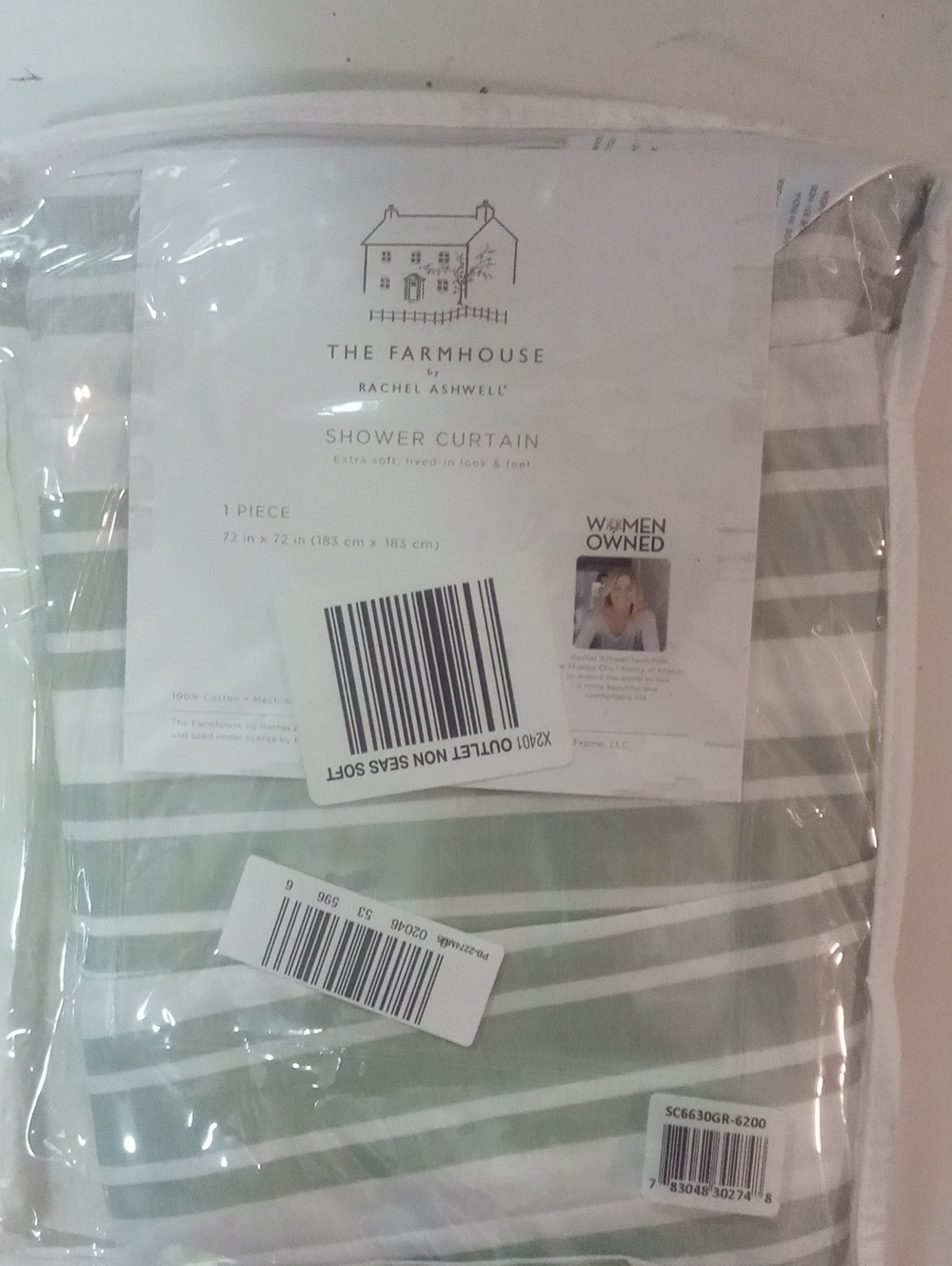 The Farmhouse Green Stripe Shower Curtain 100% Cotton NWT $65